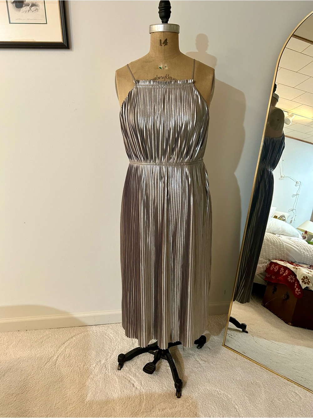 Banana Republic Metallic Silver Pleated Midi Dress NWT